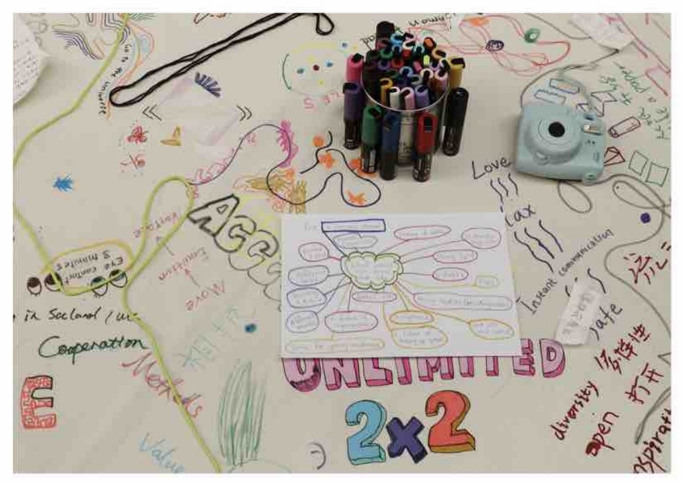 Artists gathered around the shared canvas