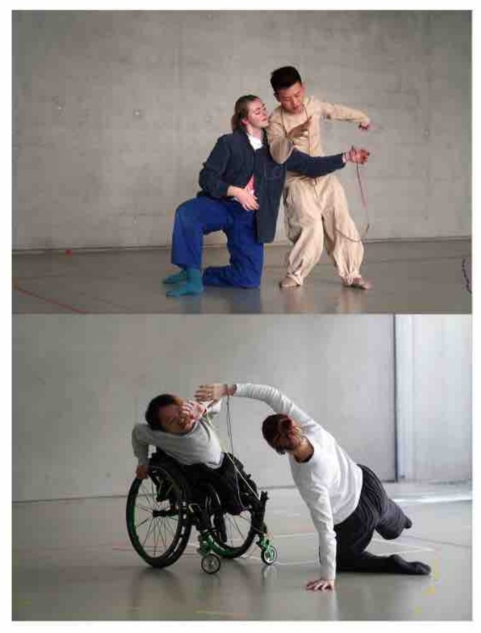 Two photographs of performers exploring material and thread