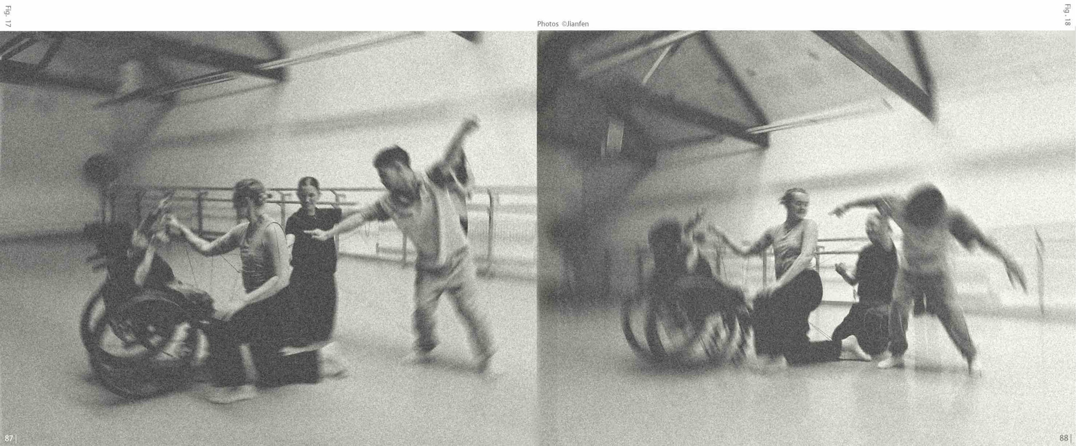 A black-and-white rehearsal image with artists and thread